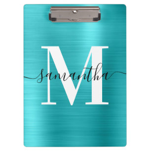 Carpeta De Pinza Monograma de firma Turquesa Azul Brillo Hoja