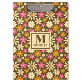 Carpeta De Pinza Monograma de flor hippie groovy de moda retro 70