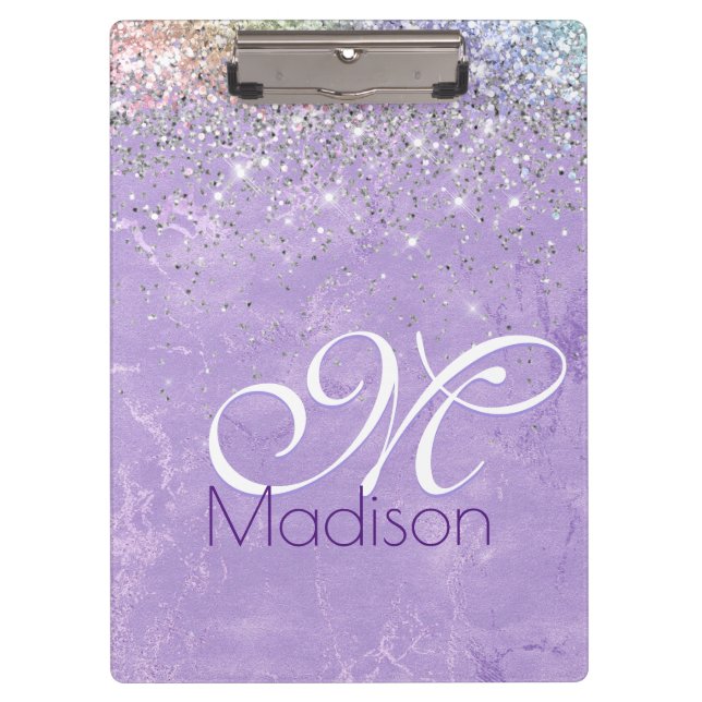 Carpeta De Pinza Monograma de iridescen lilac malva purpurina (Anverso)