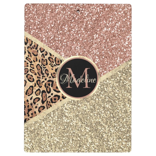 Carpeta De Pinza Monograma de leopardo Rosa dorado a rayas (Reverso)