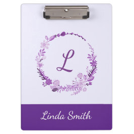Carpeta De Pinza Monograma de Letra Inicial Floral Púrpura Elegante