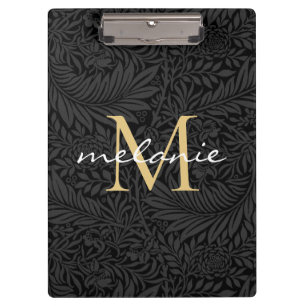 Carpeta De Pinza Monograma de letra script floral dorado negro eleg