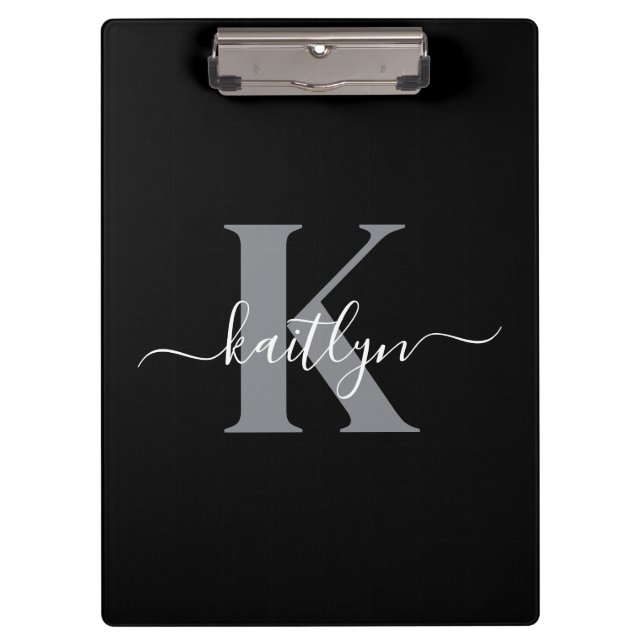 Carpeta De Pinza Monograma de letra script gris negro moderno (Anverso)