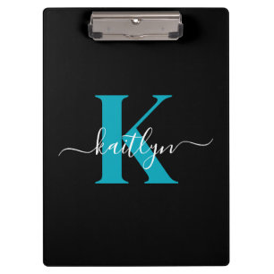 Carpeta De Pinza Monograma de letra script moderna negro turquesa