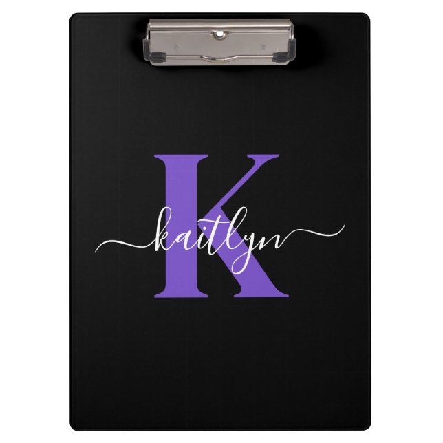 Carpeta De Pinza Monograma de letra script morado negro moderno (Anverso)