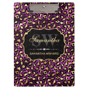 Carpeta De Pinza Monograma de lunares de leopardo de lámina dorada 