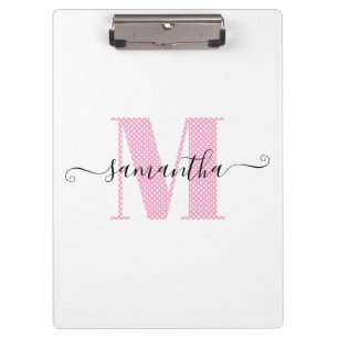 Carpeta De Pinza Monograma de lunares rosa claro y blanco femenino