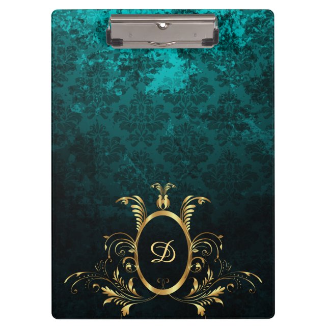 Carpeta De Pinza Monograma de marco dorado Damask de lujo (Anverso)