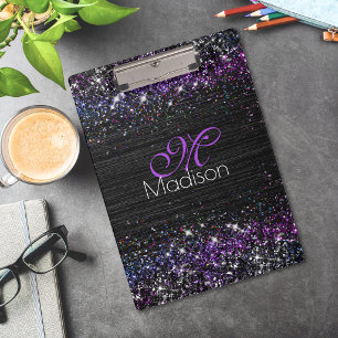 Carpeta De Pinza Monograma de metal cepillado negro púrpura con bri