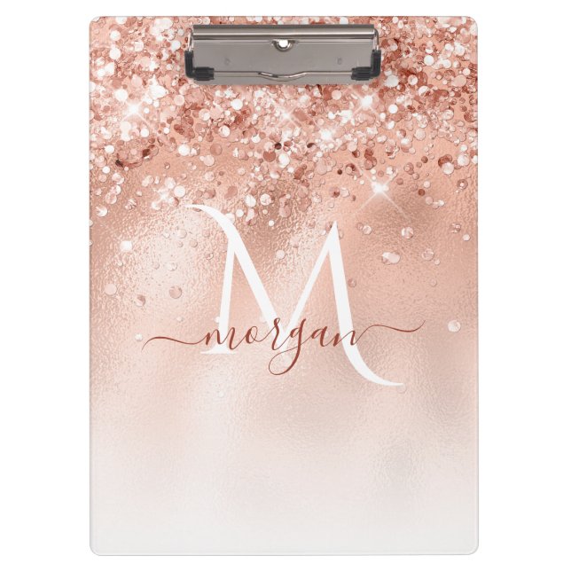 Carpeta De Pinza Monograma de oro de Rosa Peach purpurina (Anverso)