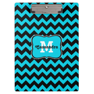 Carpeta De Pinza Monograma de patrón de chevron turquesa y negro