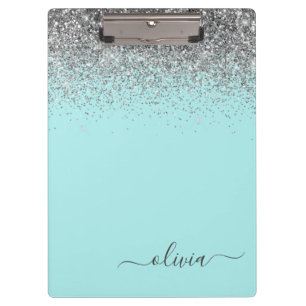 Carpeta De Pinza Monograma de purpurina plateada y azul teal