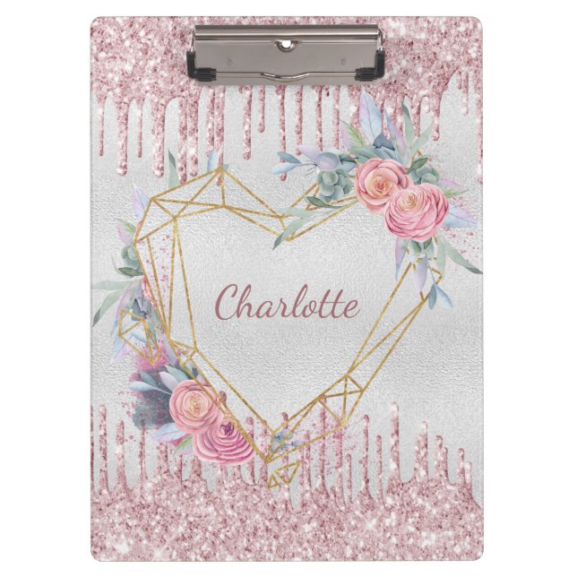 Carpeta De Pinza Monograma de purpurina rosa plateado de rubor (Anverso)