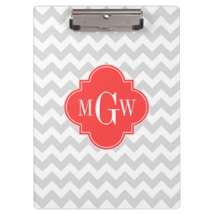Carpeta De Pinza Monograma De Quatrefoil De Chevron Blanco Gris