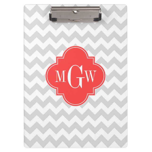 Carpeta De Pinza Monograma De Quatrefoil De Chevron Blanco Gris (Anverso)