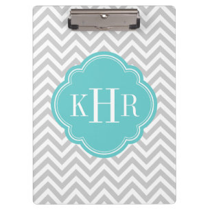 Carpeta De Pinza Monograma del Personalizado de Chevron Gris y Turq