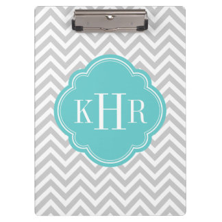 Carpeta De Pinza Monograma del Personalizado de Chevron Gris y Turq