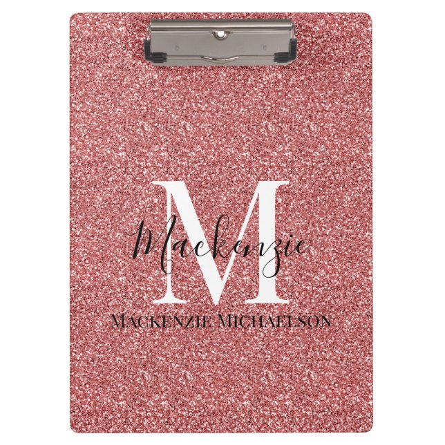 Carpeta De Pinza Monograma del Purpurina rojo Girly Coral (Anverso)