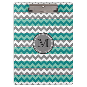 Carpeta De Pinza Monograma del zigzag de chevron turquesa y gris
