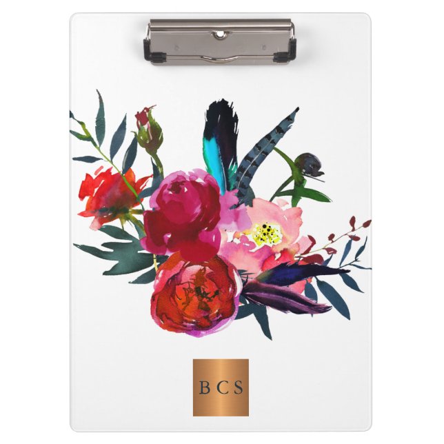 Carpeta De Pinza Monograma dorado cobre metálico rosa rubor floral (Anverso)