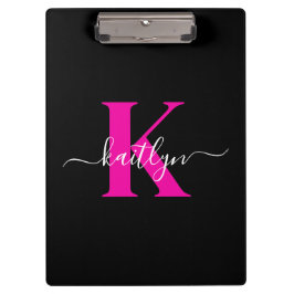 Carpeta De Pinza Monograma Elegante de Negro y Rosa Script