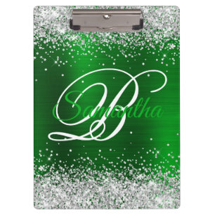Carpeta De Pinza Monograma Elegante de Purpurina Plateada Verde Esm