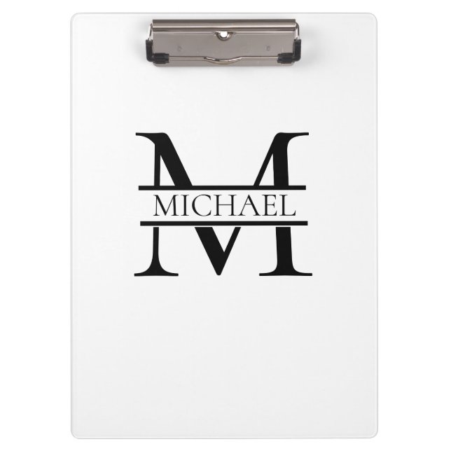 Carpeta De Pinza Monograma elegante personalizado y nombre blanco (Anverso)