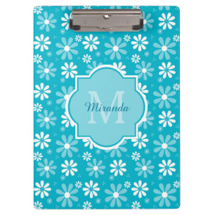 Carpeta De Pinza Monograma Femenino Flores de Margarita Turquesa co