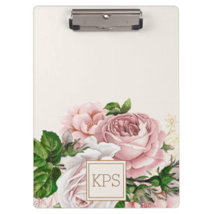 Carpeta De Pinza Monograma Floral Acuarela Rosa Claro Crema