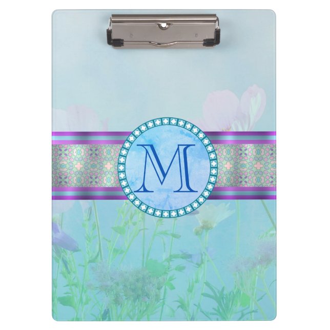 Carpeta De Pinza Monograma Floral Azul Pastel (Anverso)