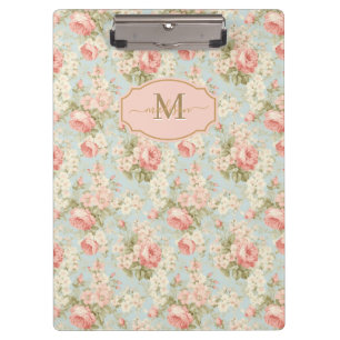 Carpeta De Pinza Monograma Floral de Rosas Rosadas Vintage Shabby C