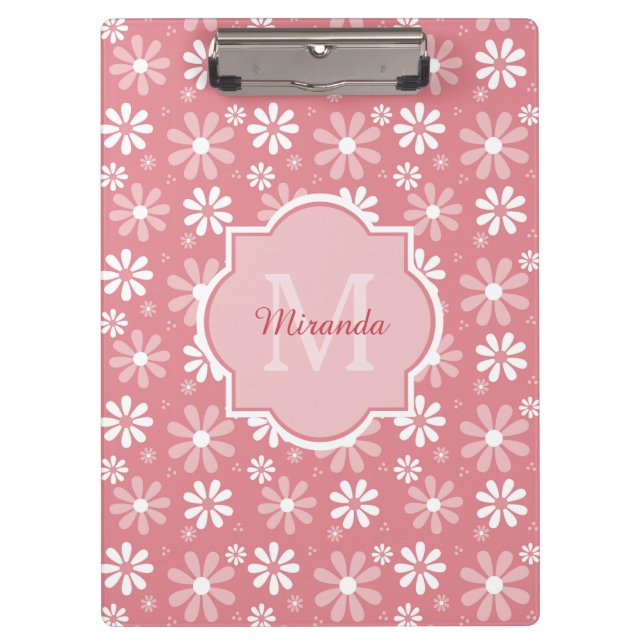 Carpeta De Pinza Monograma Girly Flores De Marea Rosa Cuta Con Nomb (Anverso)