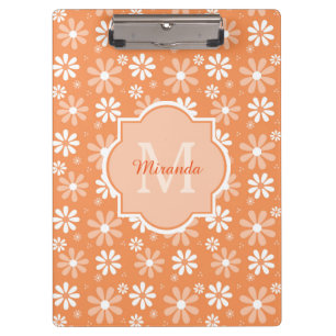 Carpeta De Pinza Monograma Girly Naranja lindo flores de margarita 