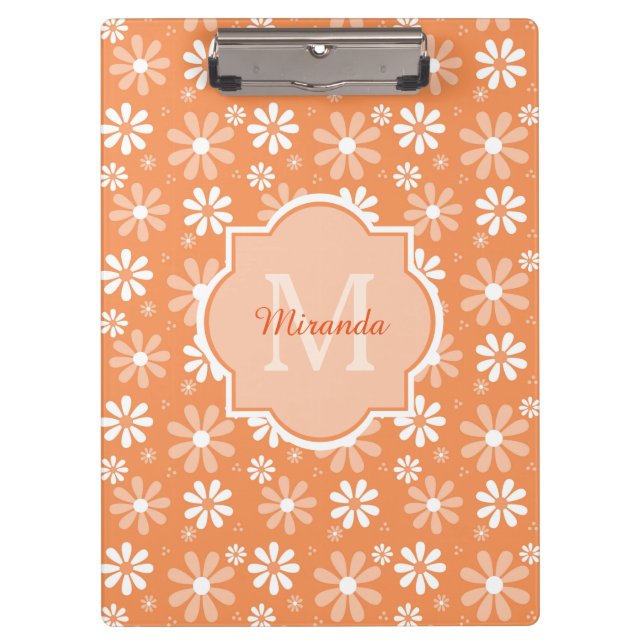 Carpeta De Pinza Monograma Girly Naranja lindo flores de margarita  (Anverso)
