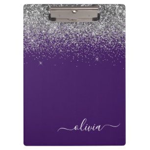 Carpeta De Pinza Monograma Glam Glitter Plateado Púrpura 