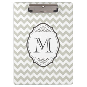 Carpeta De Pinza Monograma gris retro de Chevron con el marco