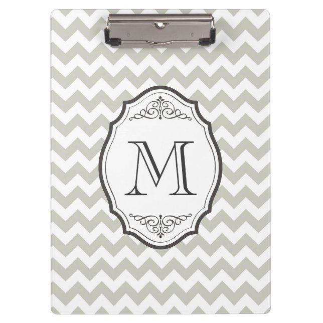 Carpeta De Pinza Monograma gris retro de Chevron con el marco (Anverso)