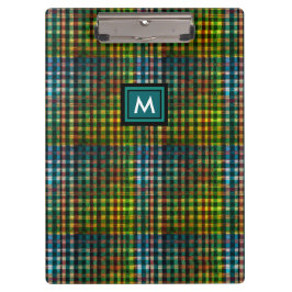 Carpeta De Pinza Monograma Inicial de Nombre de Cuadro Escocés Verd