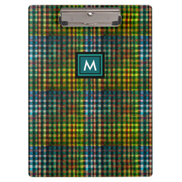 Carpeta De Pinza Monograma inicial de Tartán con placa verde modern