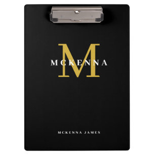 Carpeta De Pinza Monograma Moderno Chic Negro Oro Nombre Inicial