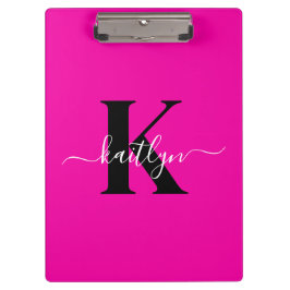 Carpeta De Pinza Monograma moderno de guión negro rosa caliente