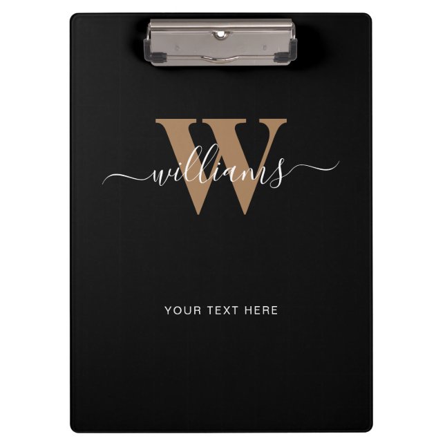 Carpeta De Pinza Monograma moderno Guión dorado negro Nombre inicia (Anverso)