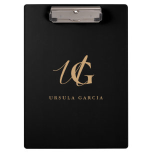 Carpeta De Pinza Monograma moderno negro y dorado 