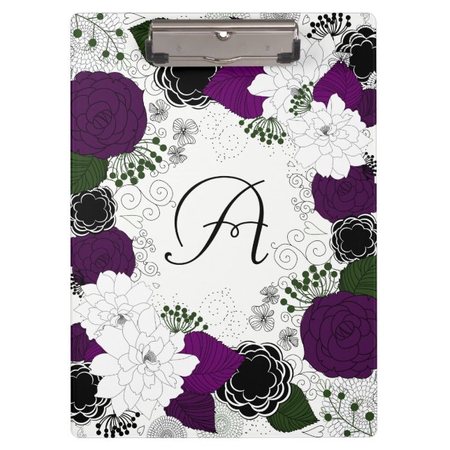 Carpeta De Pinza Monograma morado y floral blanco (Anverso)