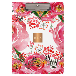 Carpeta De Pinza Monograma oro cobre metálico rosa blanco floral