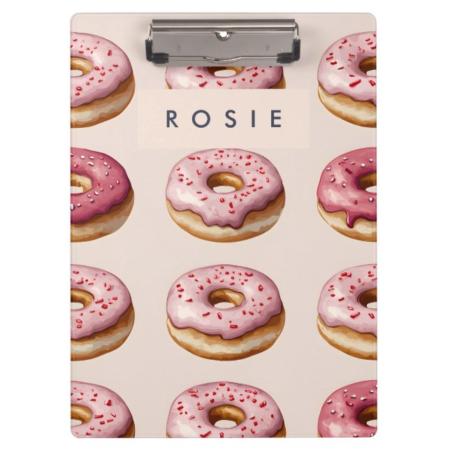 Carpeta De Pinza Monograma Patrón de donut rosado personalizado (Anverso)