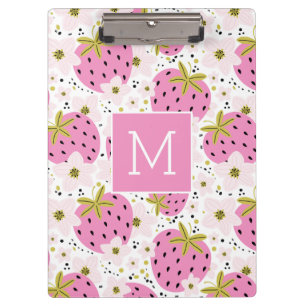 Carpeta De Pinza Monograma Personalizado de fresas rosadas