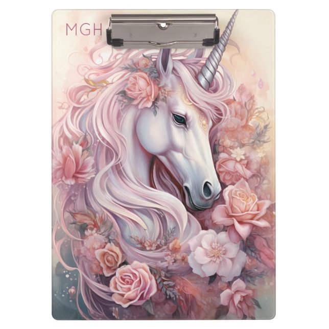 Carpeta De Pinza Monograma personalizado lindo unicornio (Anverso)