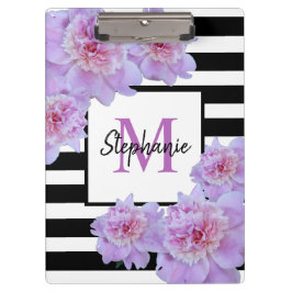 Carpeta De Pinza Monograma Pink Peony Flower Black Striple Purple