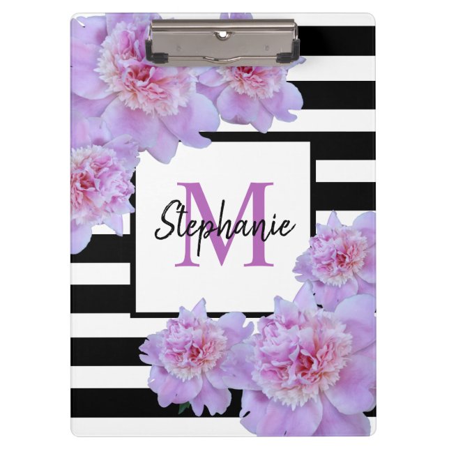 Carpeta De Pinza Monograma Pink Peony Flower Black Striple Purple (Anverso)